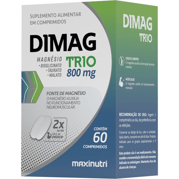 DIMAG TRIO 800MG – 60 COMPRIMIDOS – COMPLEXO DE MAGNÉSIO PARA MÚSCULOS, OSSOS E ENERGIA