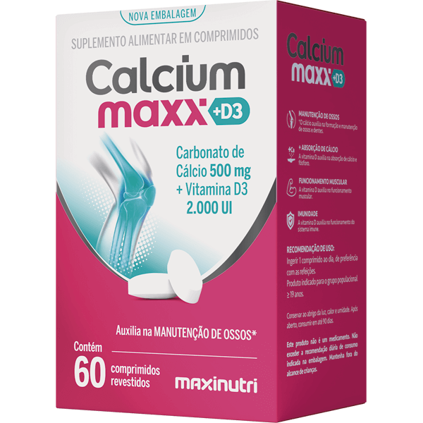 CALCIUM MAXX D3 – CÁLCIO + VITAMINA D – 60 CÁPSULAS – SUPORTE PARA OSSOS E DENTES