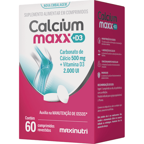 CALCIUM MAXX D3 – CÁLCIO + VITAMINA D – 60 CÁPSULAS – SUPORTE PARA OSSOS E DENTES