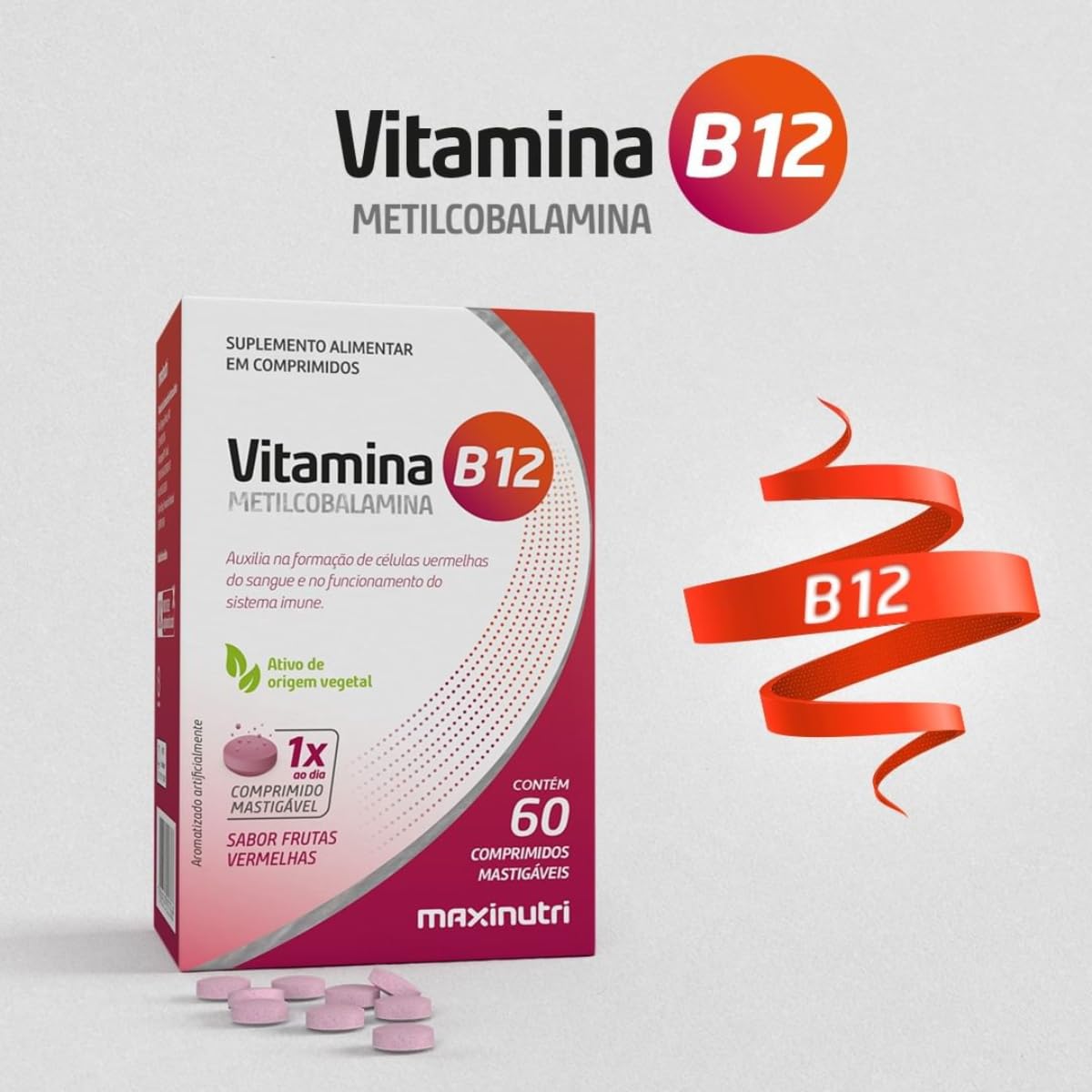 VITAMINA B12 MASTIGÁVEL – 60 COMPRIMIDOS – ENERGIA, MEMÓRIA E SISTEMA NERVOSO