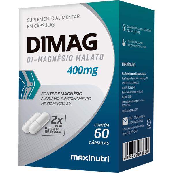 DIMAG DI-MALATO DE MAGNÉSIO 400MG – 60 CÁPSULAS – ENERGIA, MÚSCULOS E SISTEMA NERVOSO