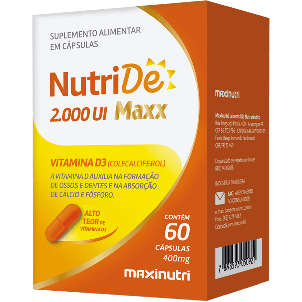 VITAMINA D3 2000 UI NUTRIDE – 60 CÁPSULAS – IMUNIDADE, OSSOS E SAÚDE MUSCULAR