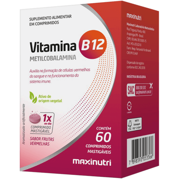 VITAMINA B12 MASTIGÁVEL – 60 COMPRIMIDOS – ENERGIA, MEMÓRIA E SISTEMA NERVOSO