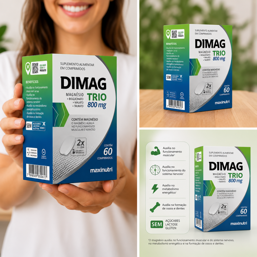DIMAG TRIO 800MG – 60 COMPRIMIDOS – COMPLEXO DE MAGNÉSIO PARA MÚSCULOS, OSSOS E ENERGIA