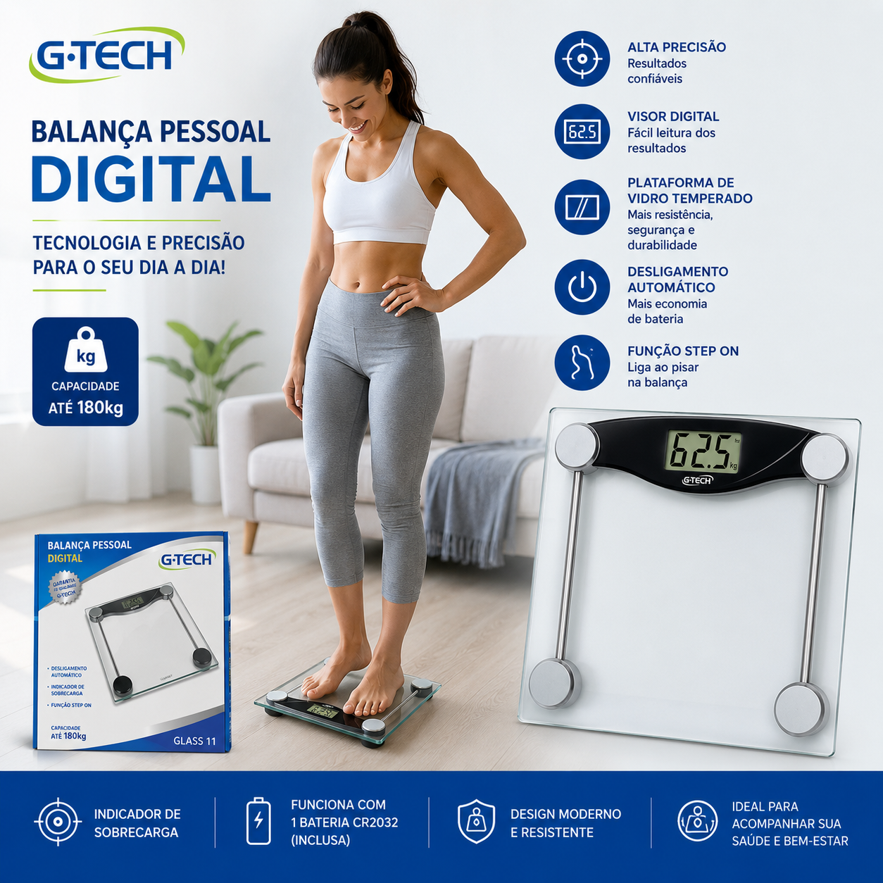 Balança G-tech Glass 10 Digital Vidro Temperado Até 180 Kg