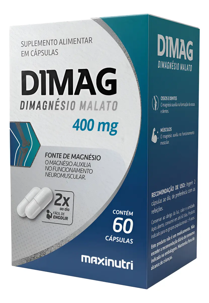 DIMAG DI-MALATO DE MAGNÉSIO 400MG – 60 CÁPSULAS – ENERGIA, MÚSCULOS E SISTEMA NERVOSO