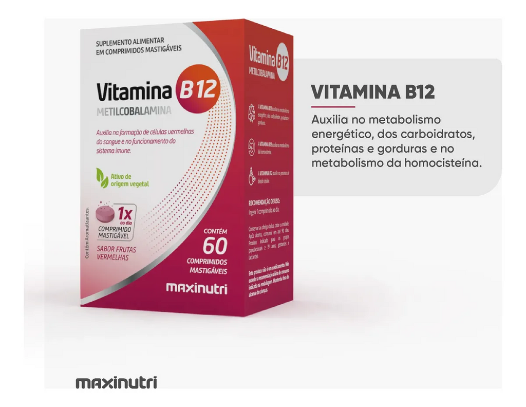 VITAMINA B12 MASTIGÁVEL – 60 COMPRIMIDOS – ENERGIA, MEMÓRIA E SISTEMA NERVOSO