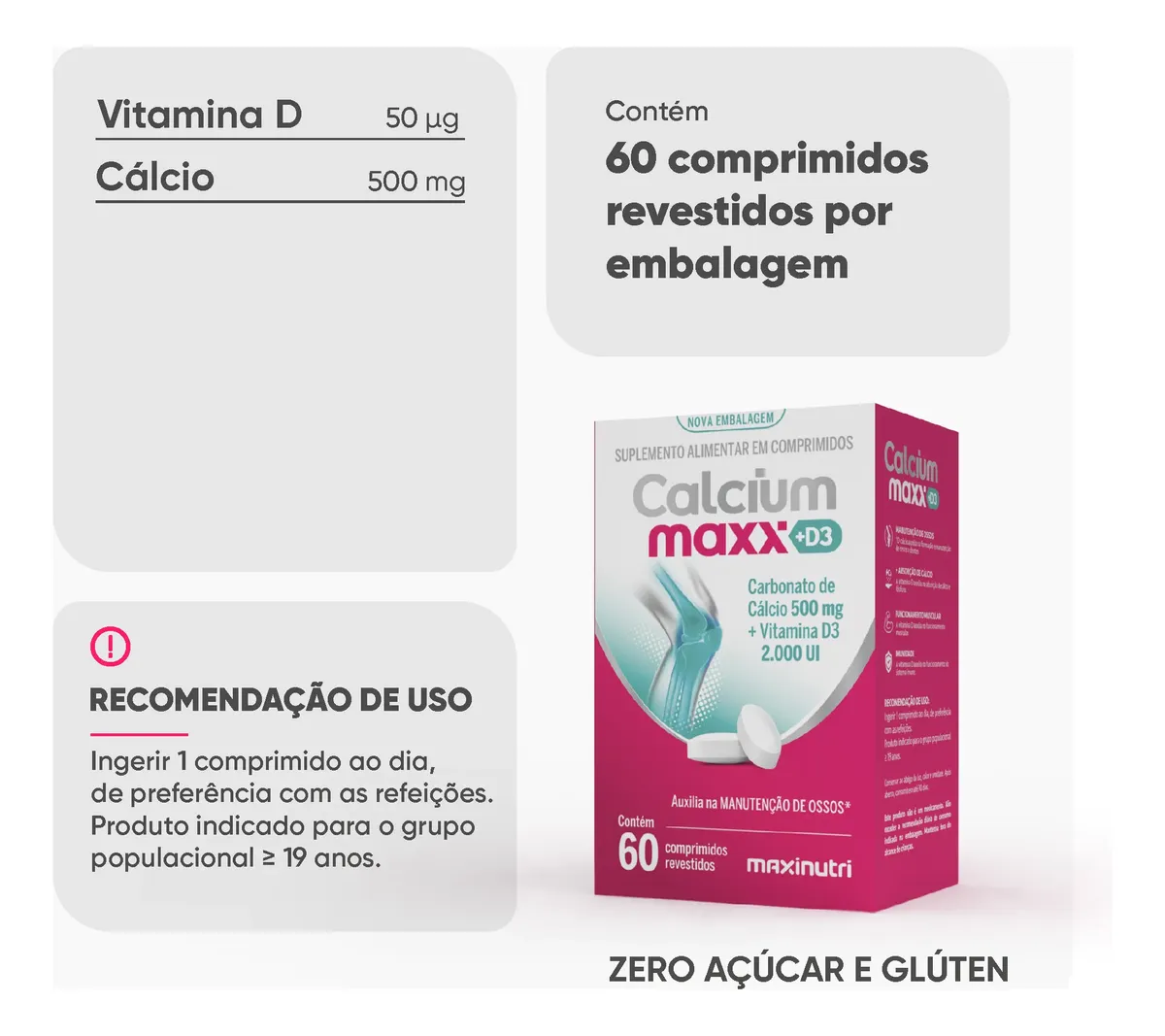 CALCIUM MAXX D3 – CÁLCIO + VITAMINA D – 60 CÁPSULAS – SUPORTE PARA OSSOS E DENTES