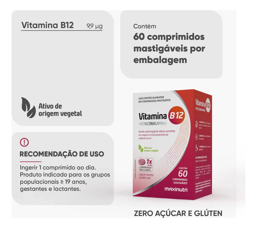 VITAMINA B12 MASTIGÁVEL – 60 COMPRIMIDOS – ENERGIA, MEMÓRIA E SISTEMA NERVOSO
