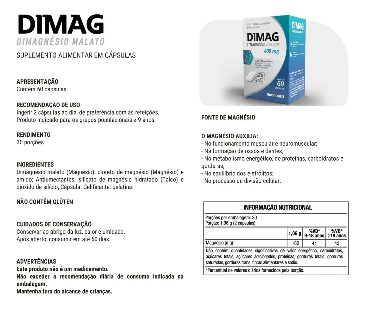 DIMAG DI-MALATO DE MAGNÉSIO 400MG – 60 CÁPSULAS – ENERGIA, MÚSCULOS E SISTEMA NERVOSO