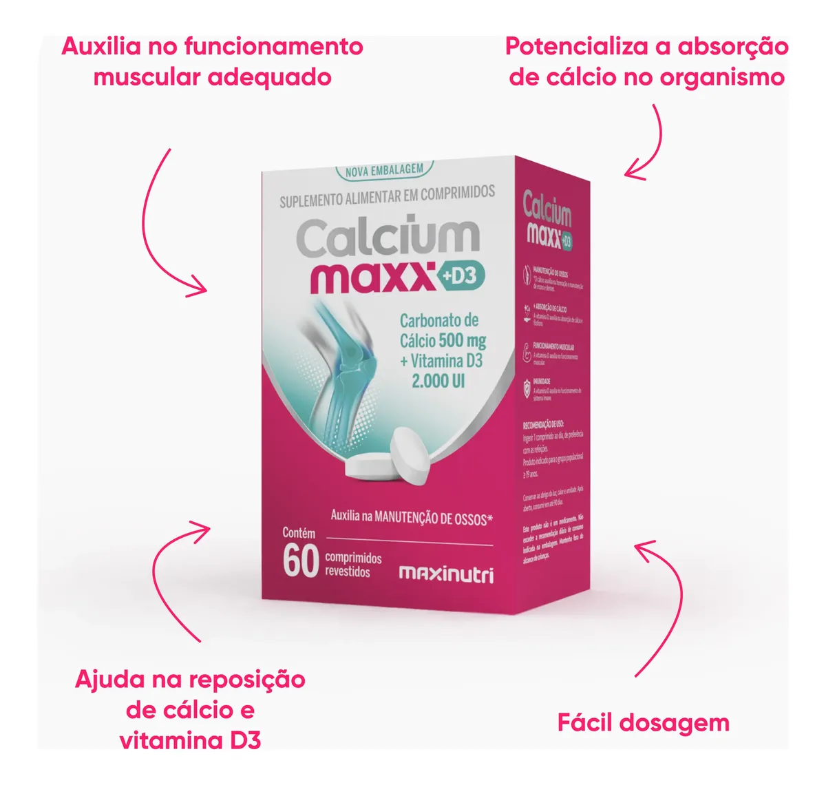 CALCIUM MAXX D3 – CÁLCIO + VITAMINA D – 60 CÁPSULAS – SUPORTE PARA OSSOS E DENTES
