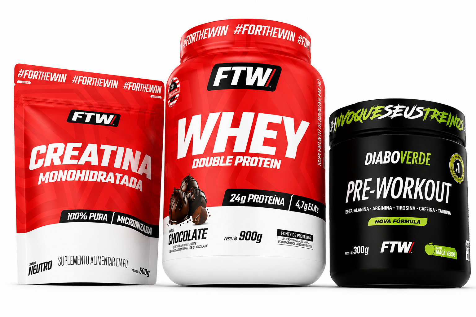 Kit FTW (Creatina Refil, Whey Chocolate e Pré-treino)